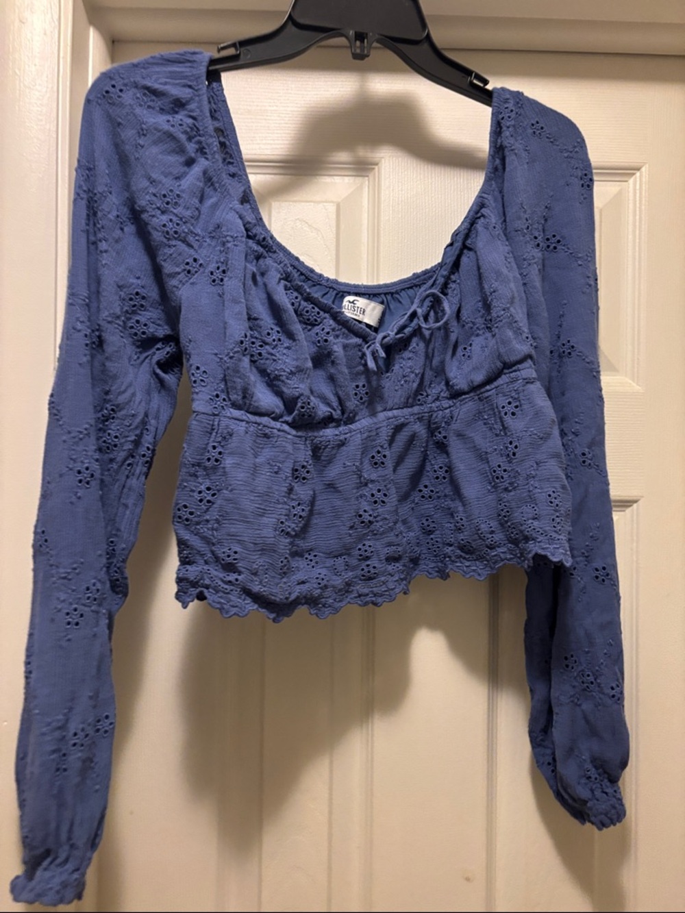 Hollister Periwinkle Blue Eyelet Cropped Peasant Top